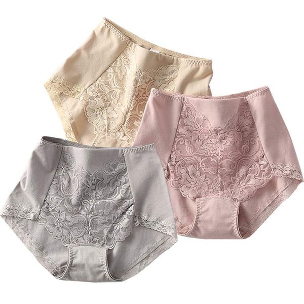 HYJEAL Women's High Waist Panties, Pure Cotton, Highly Breathable, Stretchy, Tummy Pressure, Deep Back Lace, Postpartum Correction, Pelvic Correction, Shaping Underwear, Set of 3, Grey, Pink, Beige