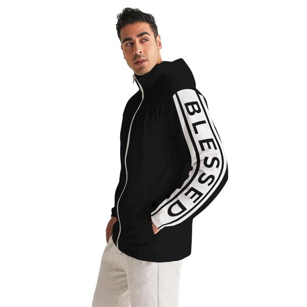 Mens Lightweight Windbreaker Jacket with Hood and Zipper Closure, Blessed Sleeve Illustration - Black / S