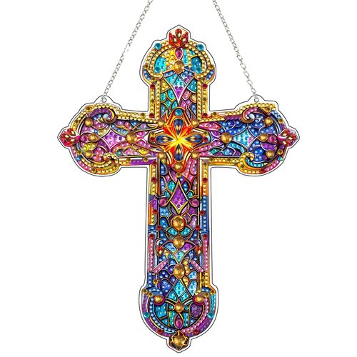 JJFox Diamond Cross Art Hanging Kit for Adult,Special Shaped Rhinestone,DIY Acrylic 5D Diamond Art Painting Window Pendants Home Garden Wall Hanging Kits Hanging Ornament,Double Sided