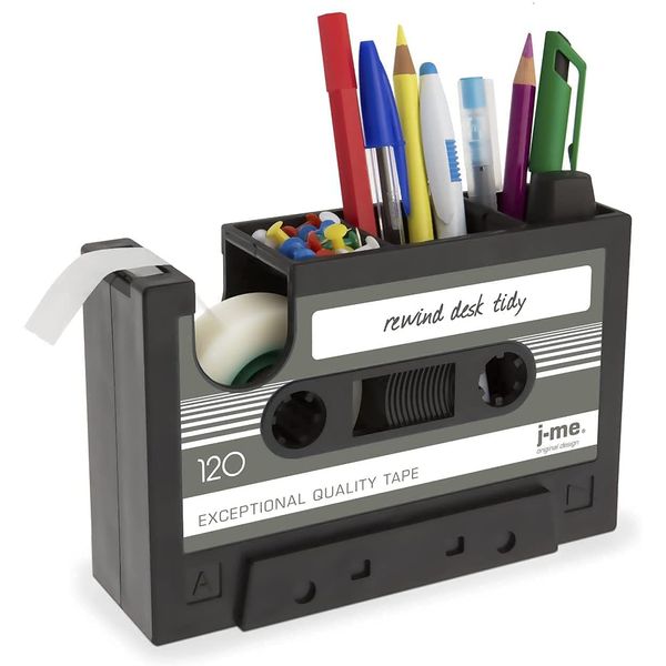 Cassette Tape Dispenser Pen Holder Vase Pencil Pot Stationery Desk Tidy Container Office Stationery Supplier Gift (Black)