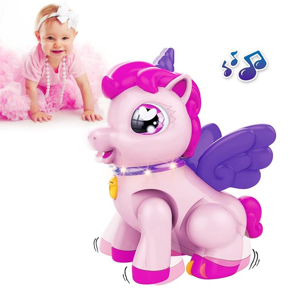 Dewhuh Musical Unicorn Baby Crawling Toys for 1 Year Old Girl Baby, Walking Interactive Action Infant Light up Toy,Tummy Time Toddle Development Learning Birthday Gift for 7 8 9 10 11 12 Month