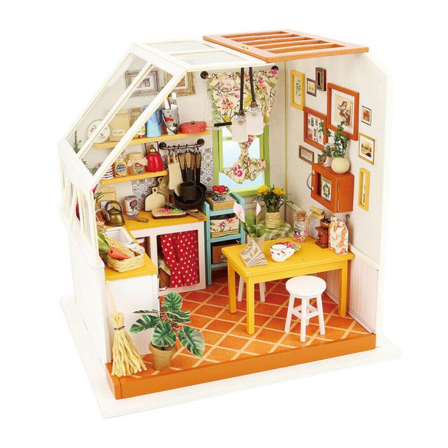 Robotime Rolife Jasons Kitchen DIY Wooden Dollhouse Miniature Kit with Light