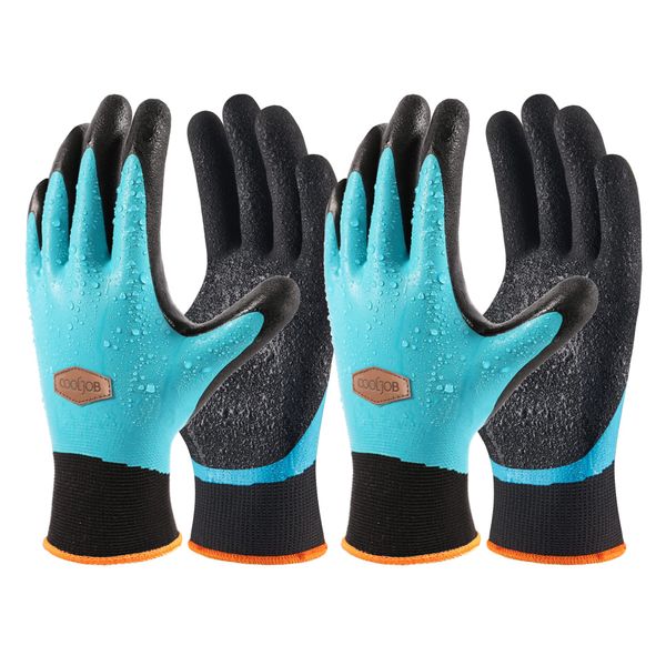 COOLJOB Waterproof Gardening Gloves for Women & Men, 2 Pairs Grip Double Latex Coated Work Gloves with Grip for Motorcycle, Car Washing, Blue & Black, Medium Size (2 Pairs M)