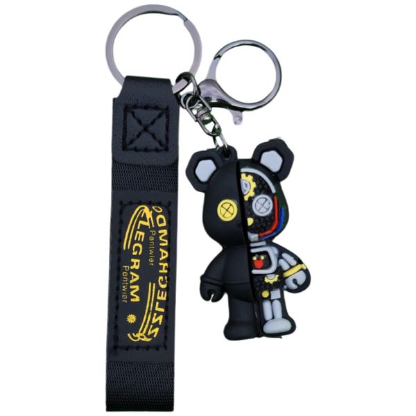 Mechanical Bear Design Keychain with Decorative Strap, Black and Yellow