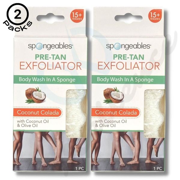 2  Pre-Tan Exfoliator Body Wash in a Sponge, Coconut & Olive Oil, Coconut Colada