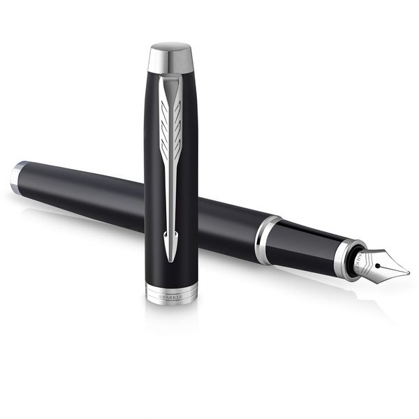 PARKER IM Fountain Pen | Matte Black with Chrome Trim | Medium Point with Blue Ink Cartridge | Gift Box