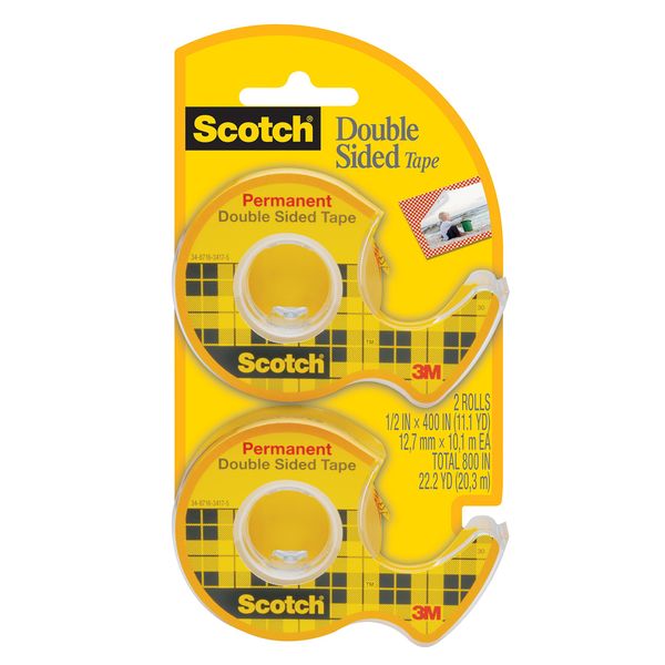 Scotch Double Sided Tape, Permanent, 1/2 in x 400 in, 2 Dispensers/Pack (137DM-2)