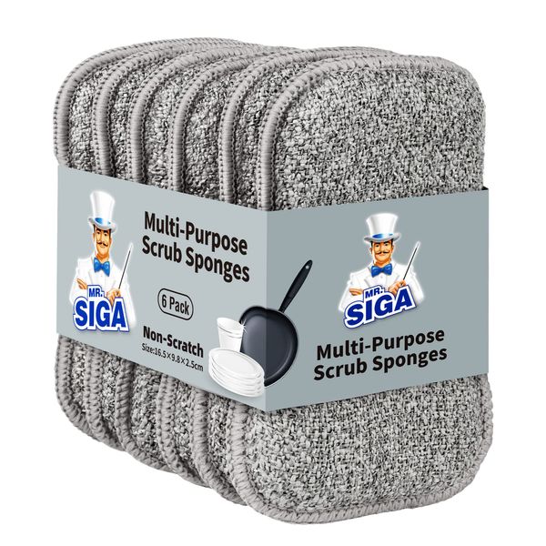 MR.SIGA Efficient Double Sided Scrub Sponges (6 Pack) Dishwashing Non-Scratch Kitchen Sponge