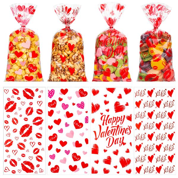 RICEDUO 100 Pieces Valentine's Day Cellophane Treat Bags, Clear Cello Gift Bags with Twist Ties, Valentine's Day Candy Goodies Bags for Kids Valentine's Party Favors Supplies