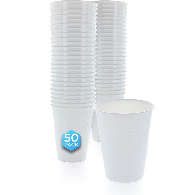 Amcrate White Colored 18-Ounce Disposable Plastic Party Cups - Ideal for Weddings, Party’s, Birthdays, Dinners, Lunch’s. (Pack of 50)