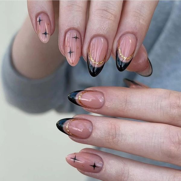 French Press On Nails 24 PCS Black Glossy Fake Nails Gold Glitter Fake Nails Almond Fake Nails Star Design Fake Nails Full Cover False Nails for Women and Girl