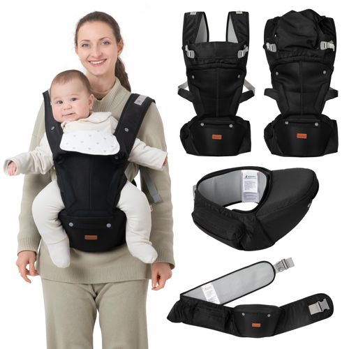 BabbleRoo Grow Carrier – 6-in-1 Baby Carrier with Hip Seat, Ergonomic, Cozy & Adjustable Toddler Carrier 7-50 lbs with Hip & Lumbar Support, Hood for Sun Protection, Newborn to Toddler, Black