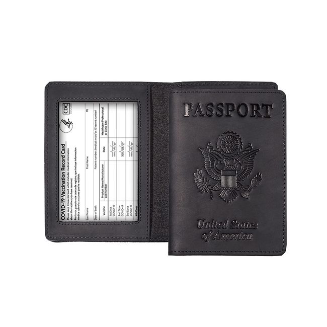 AGBIADD Genuine Leather Passport and Vaccine Card Holder Combo, RFID Blocking, Black, Unisex