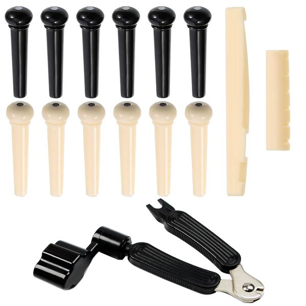 14Pcs Acoustic Guitar Bridge Pins String Pegs Guitar Saddle Nut With 3-In-1 Pin Puller Remover Guitar String Winder And Cutter Guitar Parts Accessories Replacement Tools Kits（white+black）