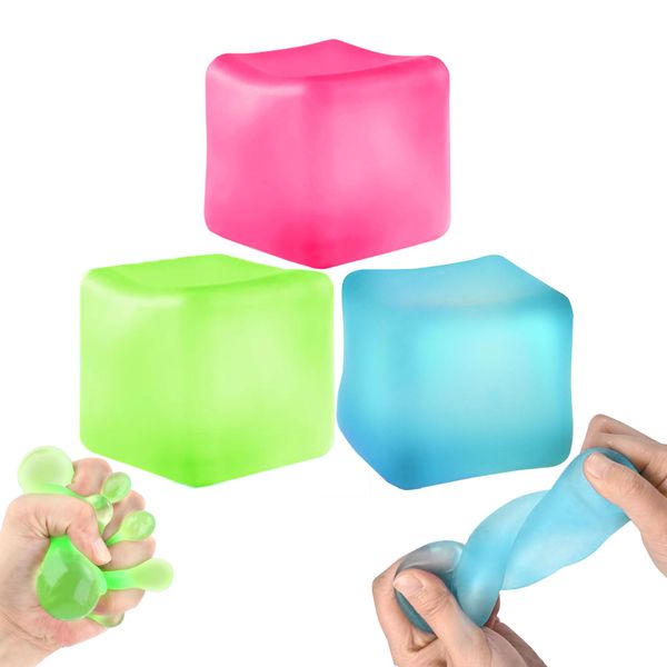 3Pcs Stress Cube Squishy Toys, Slow Rising Ice Cube Stress Balls, Sensory Fidget Toys for Anxiety Relief, Sensory Ice Nee Cube Gel Filled Squishy Ball Toys for ADD/ADHD Kids Adults(Blue, Green, Pink)