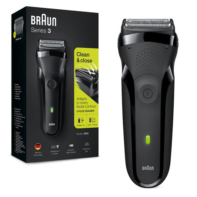 Braun Series 3 Electric Shaver For Men with 3 flexible blades, Rechargeable and Cordless, UK 2 Pin Plug, 300, Black Razor