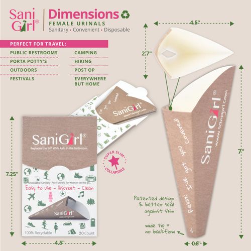 SaniGirl Female Urinal | Disposable Pee Funnel for Women | Ladies Pee Funnel | Camping Essentials for Women | Pee Funnel for Women Travel | Female Urinal Device | Hiking Urinal for Women (20 Pack)