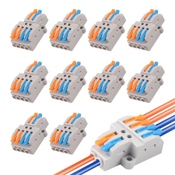 LIKENNY Compact Wire Connectors, 10 Pieces, 2 in 4 Out, Connection Terminal Set with Levers, One-Touch Connectors, Wires, Wires, Connections, Electrical Connector Blocks