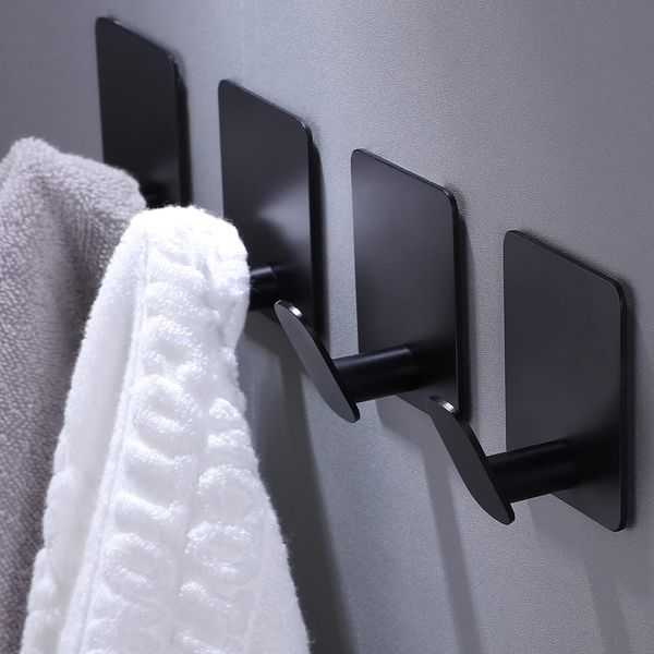 DELITON Adhesive Hooks - 4 Pack Towel/Coat Wall Stick on Black