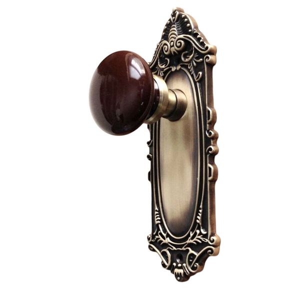 Victorian Style Dummy Backplate with Porcelain Brown Door Knob, Antique Brass