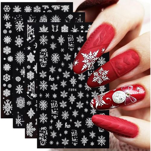 4 fogli di adesivi per nail art di Natale, con fiocchi di neve, con brillantini, per l'inverno, per le vacanze, per nail art, decorazione per nail art