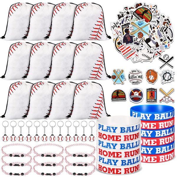 LEIFIDE 148 Pcs Baseball Party Favors Baseball Team Gifts Include Drawstring Bag, Silicone Wristbands, Keychain, Braided Rope Necklaces and Stickers Birthday Gifts for Baseball Players Lover