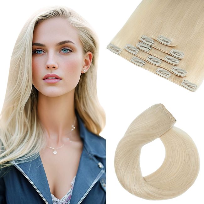 Elailite 5 Stück Remy Human Hair Extensions Echthaar - Clip in Extensions Echthaar - 12 Clips Echthaar Extensions Clip - glatt - 14"(35cm 60g) #70 Gebleichtes Weiß