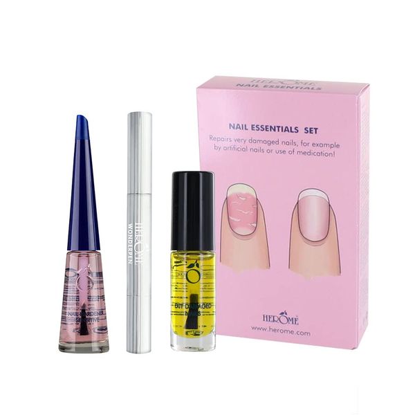 Herome - Nail Essentials Set Pink | Treatment Kit for Post-Acrylic, After Pregnancy, for Damaged Nails, contains 1 Nail Hardener, 1 Nourishing Nail Oil, 1 Cuticle Serum Oil, Results in 30 days