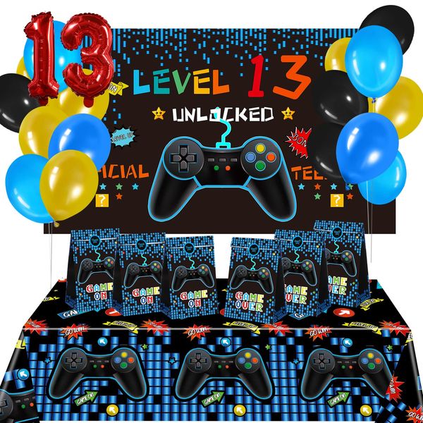 13th Birthday Decorations for Boys Video Game Party Supplies 69 Pieces Level 13 Up Birthday Decoration, Video Game Backdrop Table Cover Blue Gamer Balloons Favor Bag for Video Game Party