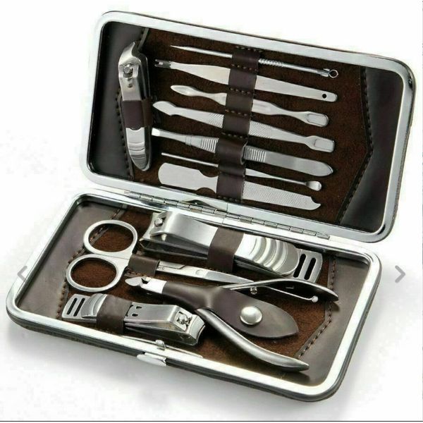 ALL IN HERE 12PCS MANICURE SET NAIL CARE KIT CLIPPER EARPICK GROOMING PEDICURE KIT MEN WOMEN, SILVER, MEDIUM