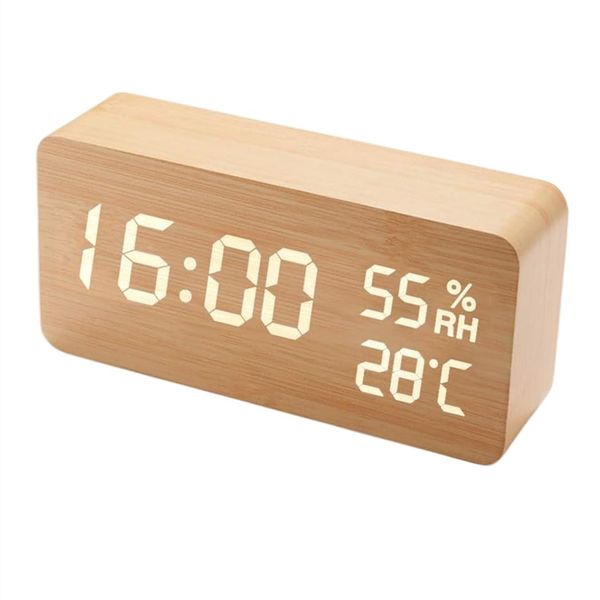 Alarm Clock, Digital Clock, Table Clock, Stylish, Table Clock, Loud Volume, Woodgrain, LED, Digital, Alarm Clock, Alarm Function, Thermometer, Hygrometer, Calendar, Memory Function, USB/Battery