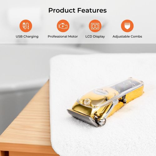 Geepas Professional Hair Clipper | Digital Electric Stubble Beard Trimmer, Hair Clipper | LCD Display, USB Charging, Battery Display| Corded & Cordless Electric Hair Clipper Smooth | Gold