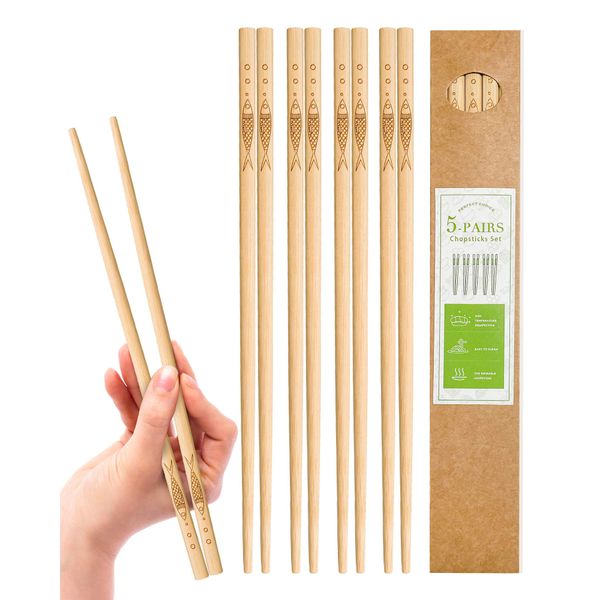 YUNDUOJIA 5 pairs of bamboo chopsticks can be reused, classic healthy high-quality natural bamboo chopsticks, can be washed in the dishwasher, 9.8 inches / 25 cm, (pattern: more than every year)