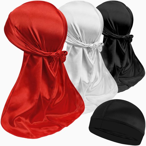 3PCS Silky Durags and 1 Wave Cap Packs for Men Waves, Doo Rag Compression Caps for 360 540 720 Waves, Ideal Gifts for Christmas (red,White,Black)
