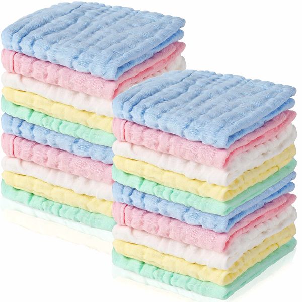 20 Pack Baby Muslin Washcloths Natural Muslin Cotton Baby Wipes Soft Newborn Baby Face Towel Absorbent Muslin Washcloth for Sensitive Skin Baby 12x12 inches (Blue, White, Green, Yellow, Pink)