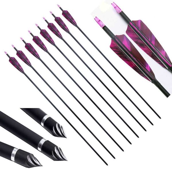 PG1ARCHERY 30 Inch Carbon Arrows with 4 Inch Shield Turkey Feathers Fletching & Removable Points Tips for Archery Hunting Practice Targeting, 6 Pack Purple