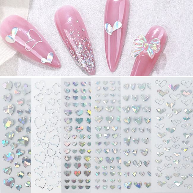 Laser Silver Hearts Nail Stickers for Nail Art Designs and Nail Decorations 3D Self Adhesive Nail Art Decals for Women Girls Kids for Fingernails Acrylic Nails Decor (6 Sheets)