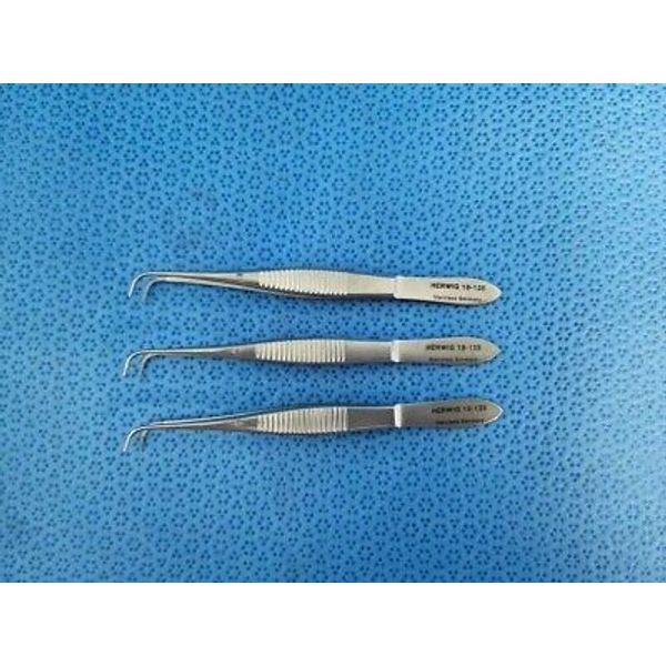 Set of 3 Herwig 18-125 Ophthalmic 4" Dressing Forceps, Curved Serrated Tip