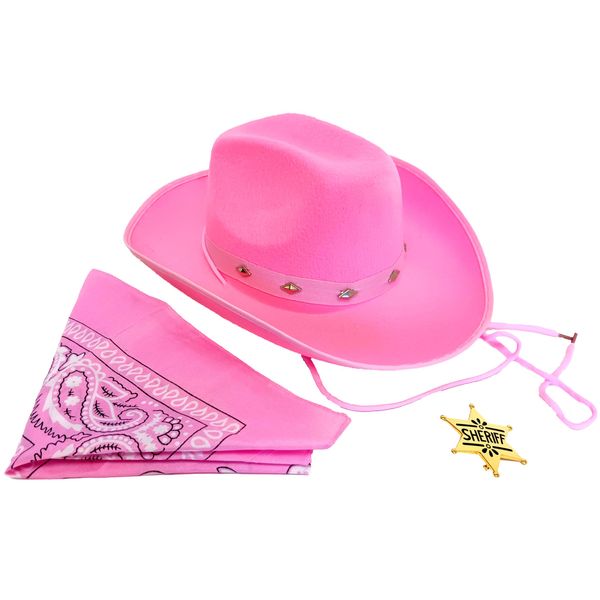 Children's Cowboy, Sheriff Theme Costume Dress Up Set For Boys and Girls - Cowboy Hat, Bandana and Gold Sheriff Badge (Pink)