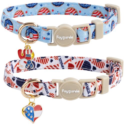 Faygarsle 2 Pack Patriotic American Flag Dog Collar Pattern Cat Collars Breakaway Safety Collar with Bell Spring Summer Design for Girl Cats, Red White Blue