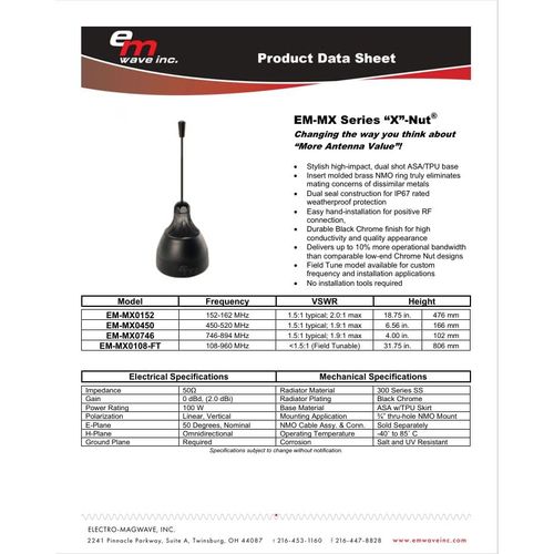 EM Wave - EM-MX0450 - X Nut Series IP67 Rated Quarterwave Antenna 450-520 Mhz - 2DBi Gain, for Public Safety, Tetra, UHF/VHF, Mobile Radios, Marine Radios - Sold by Cable Assemblies Now