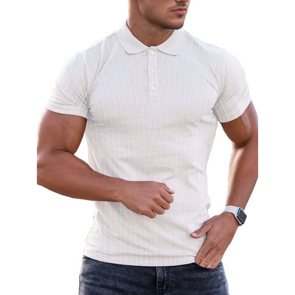 Lehmanlin Men's Stretch Muscle Shirts Short Sleeve Cotton T-Shirts Slim Fit Polo Shirt （White-M）