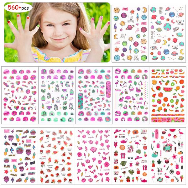 HOWAF 560+ Adesivi Unghie per Donne Ragazze Bambina, 3D Nail Art Stickers Arcobaleno Unicorno Fiore Autoadesivi Decalcomanie, Fai da Te Unghie Manicure Falso Arte Adesivo Unghie Decorazioni, 12 Fogli