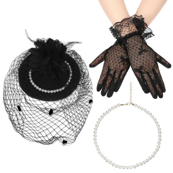 50s Fascinators Hats for Women Tea Party Hat and Gloves Set Pearl Necklace 50s Pillbox Hat for Wedding Cocktail(Black, Gold)