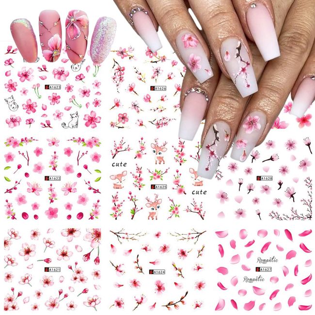 12PCS Pink Cherry Flowers Nail Water Stickers Decals DIY Pink Blossoms Tree with Leaves Nail Art Decals Summer for Nail Art Decoration Women Girls Flower Designs Transfer Foil Nail Stickers