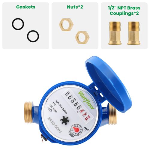 Watflow DN15 Water Meter 1/2" NPT, Cubic Water Flow Meter, Cold Water Meter with Brass for Garden or Factory, Single-Jet Horizontal Install.(No Lead-Free)