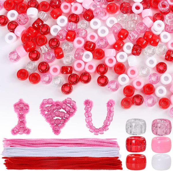 Whaline 1000Pcs Mixed Valentine's Day Pony Beads with 100pcs Chenille Stems Pipe Cleaners Red Pink White Craft Beads Plastic Spacer Beads for Wedding Anniversary Jewelry DIY Crafts Making Supplies