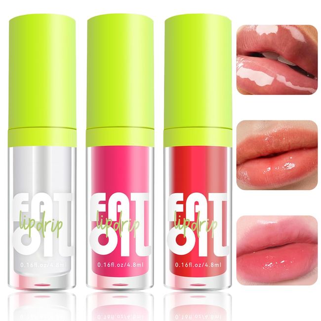 Leogony 3PCS Fat Lip Oil Set, Moisturizing Glitter Fat Oil Lip Drip Gloss, Long Lasting Plumping Lip Gloss Sets for Women