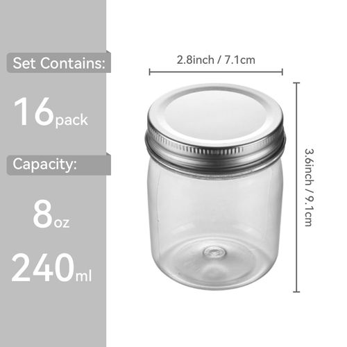 Naivees Plastic Mason Jars Reusable Storage Containers with Silver Airtight Lid 8 Ounce Clear Jars for Dry Foods, Coffee,BPA Free (16 Pack-Sliver)