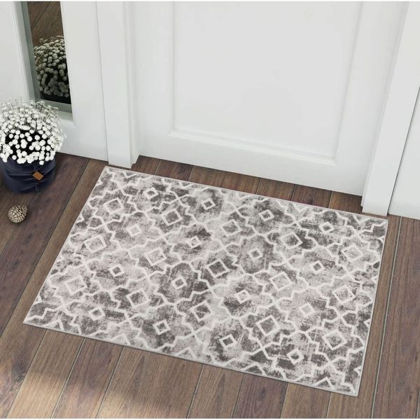 Wonnitar Moroccan Washable Area Rug - Small 2x3 Grey Distressed Entryway Rug Non-Slip Doormat Modern Geometric Trellis Throw Rug Faux Wool Floor Carpet for Bathroom Laundry Room Indoor Office